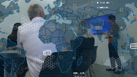 animation of data processing and statistics over diverse businesspeople in office