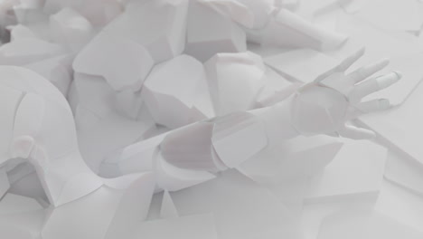 white, crushed android body parts on a foggy junkyard