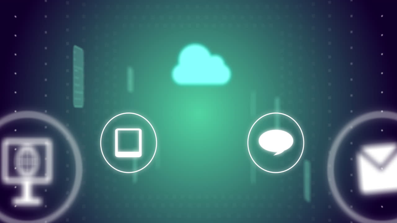 Animation of cloud and media icons over data processing on blue background