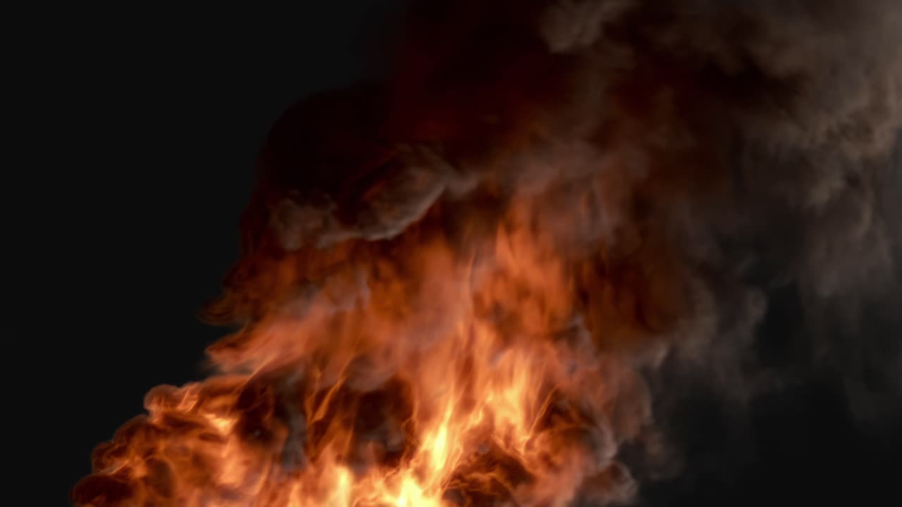 explosión de gasolina ardiente superposición llamas intensas olas de humo fondo negro vfx composición de animación movimiento gráficos efectos especiales secuencias de acción escena de desastre narración visual dramática