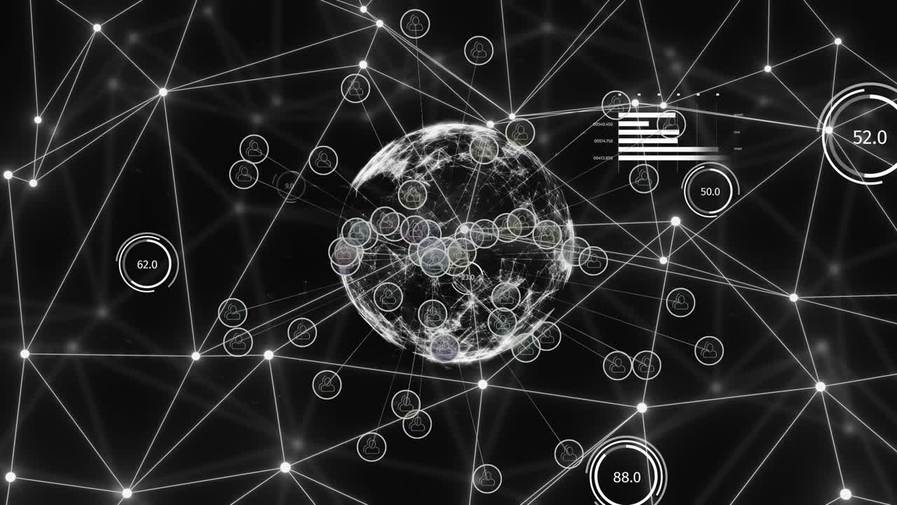 Animation of statistics, globe with network of connections