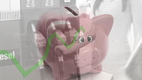 Animation-of-financial-data-recording-with-green-line-over-piggy-bank-and-woman-in-petrol-station