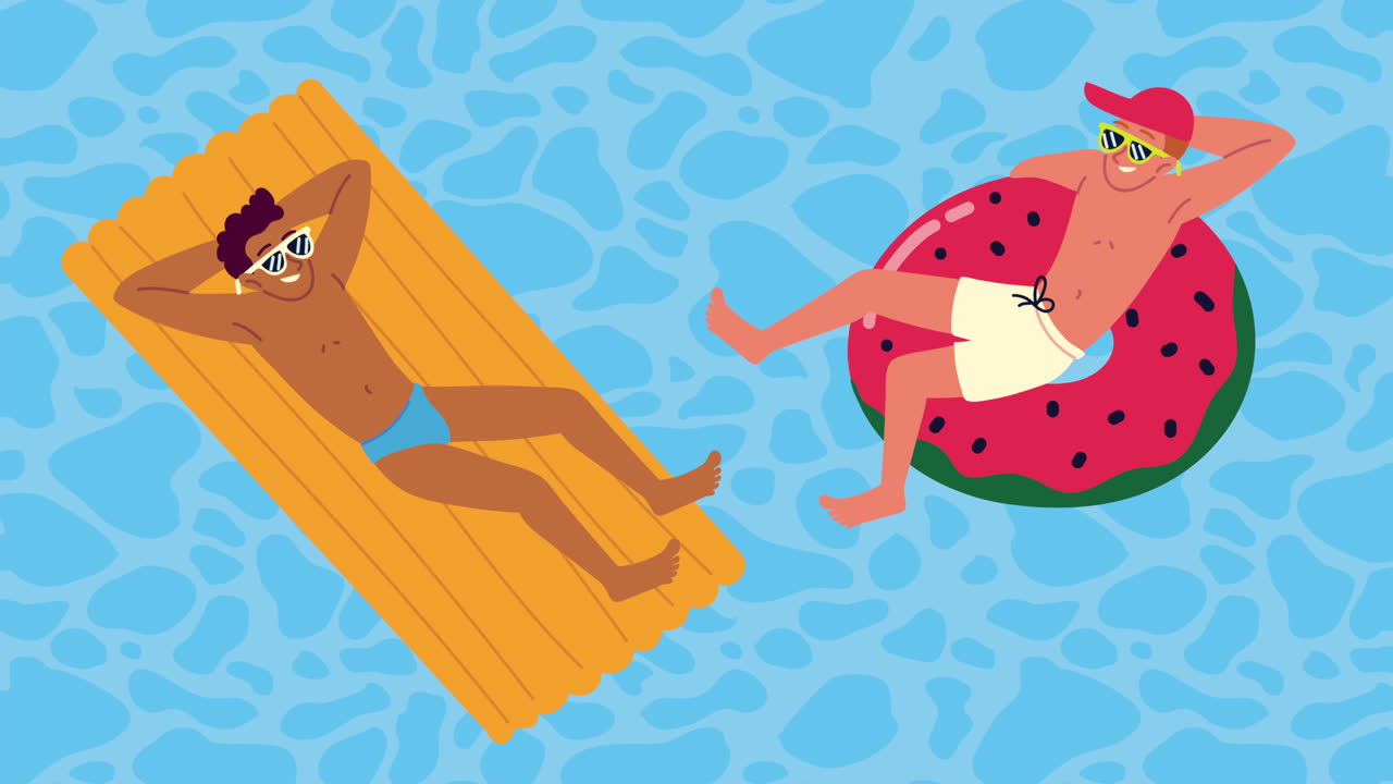 men relaxing in floats animation