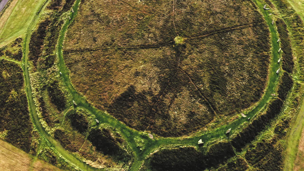 Top down Drone Shot from Ring of Brodgar stone circle on the Orkney&acute;s