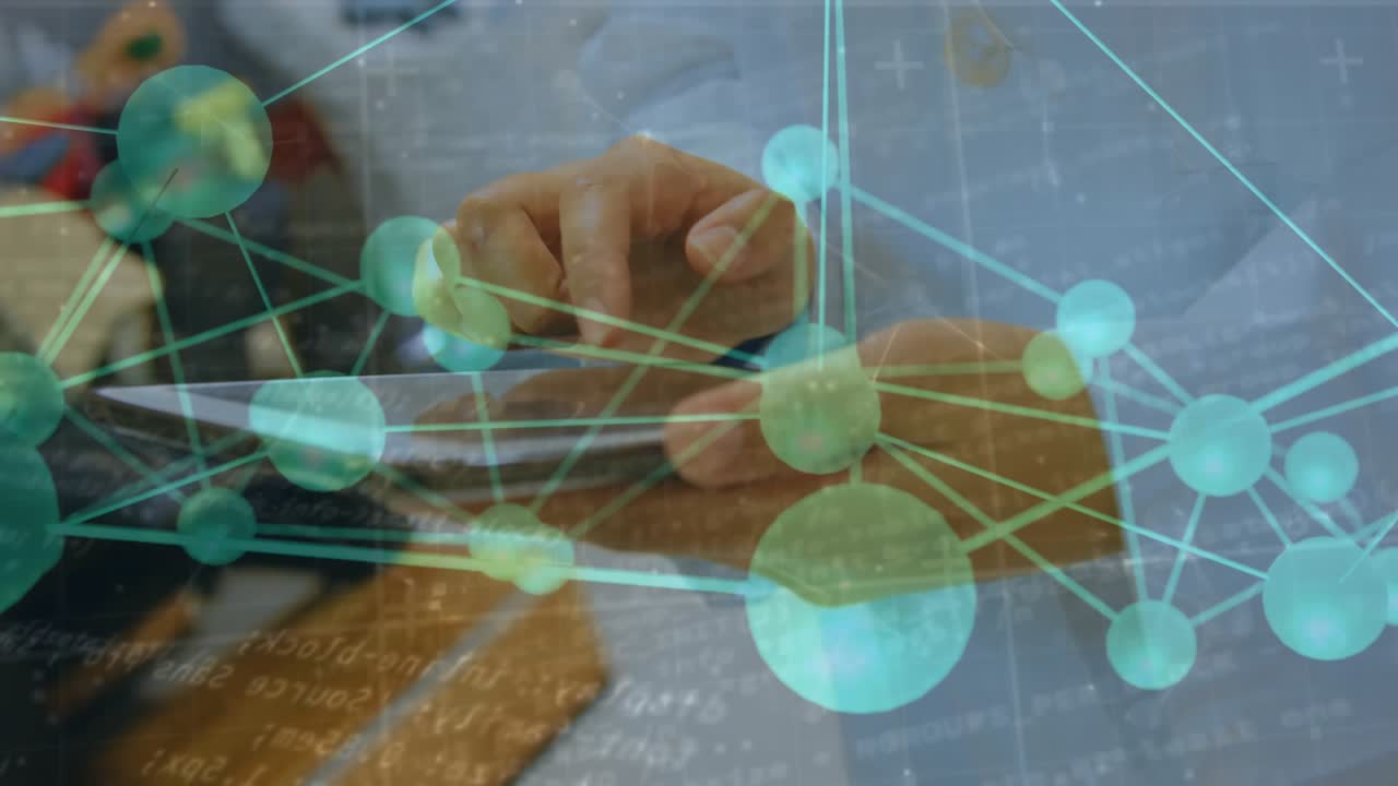 Woman in lab coat tapping tablet, initiating teal node network overlay, connecting data to research