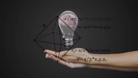 Animation-of-math-formulas-over-brain-in-bulb-over-woman-hands-on-grey-background