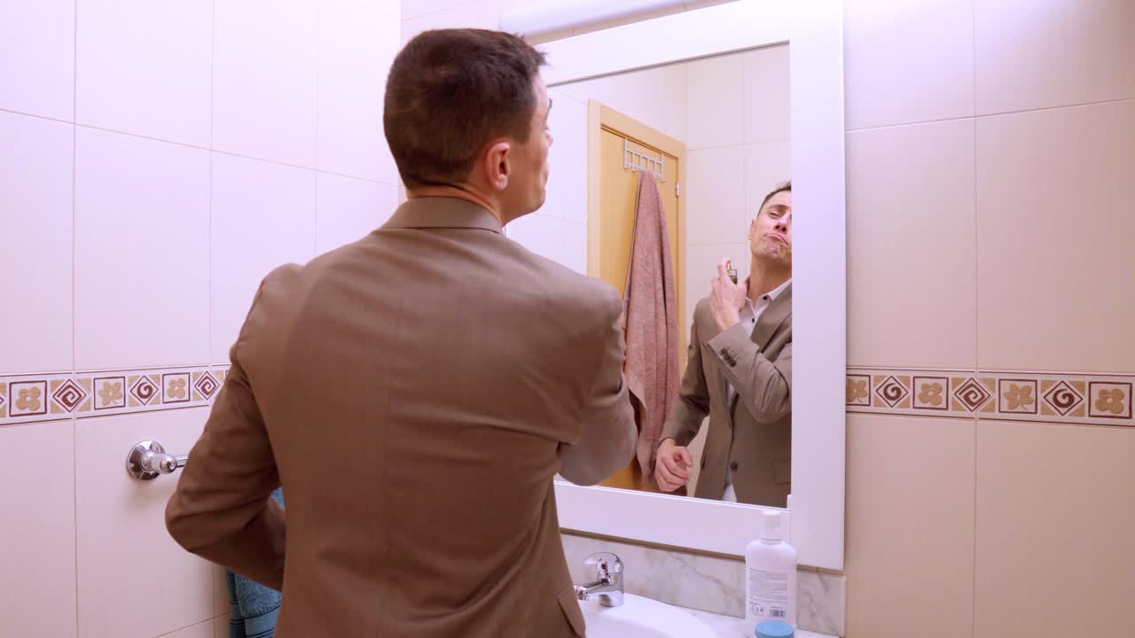 Elegante uomo d'affari che si prepara allo specchio del bagno
