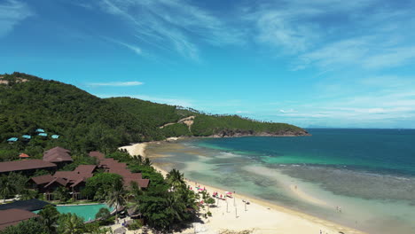 aerial flyover: srithanu beach in koh phangan thailand