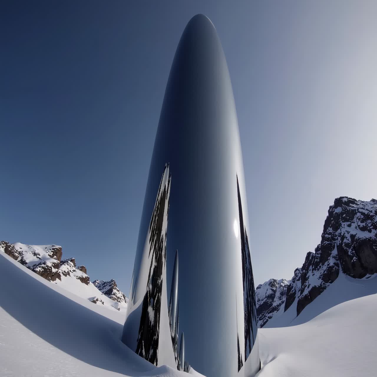 Futuristic metallic structure in snowy mountains, captured from a low-angle