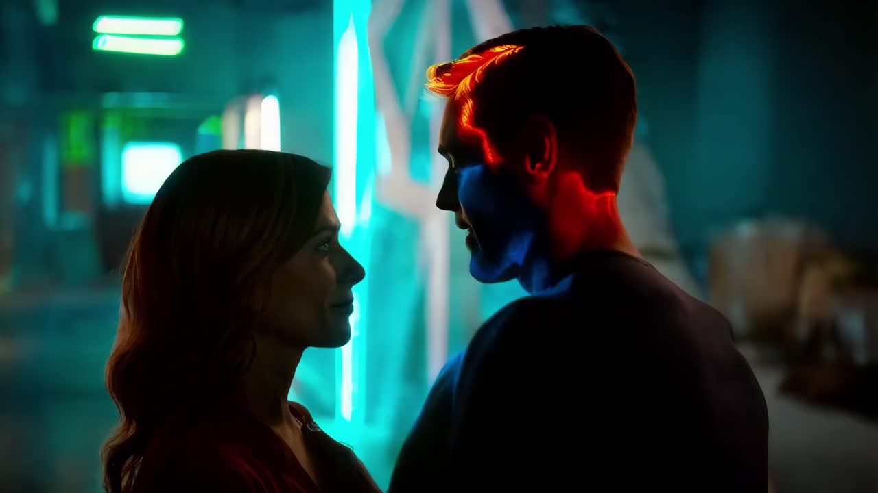 네온 조명 속에서 키스하는 커플