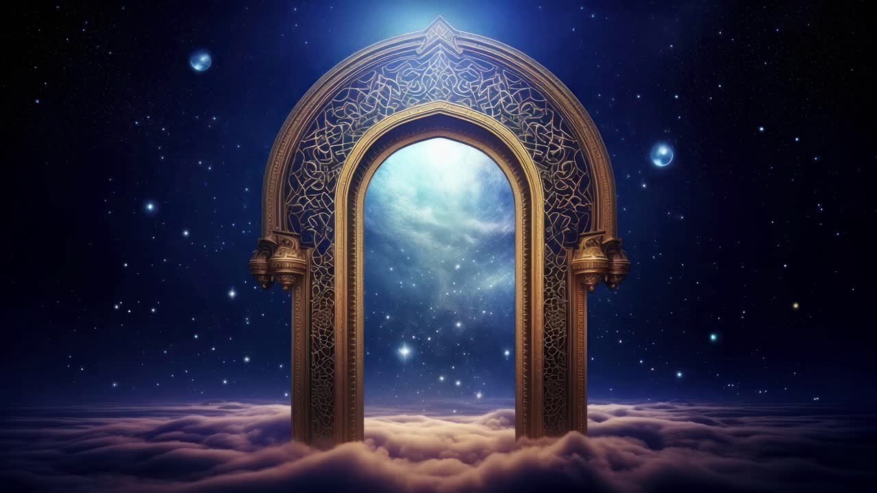 Sebuah gerbang mistis melayang di atas awan di bawah langit berbintang, diambil dari sudut rendah