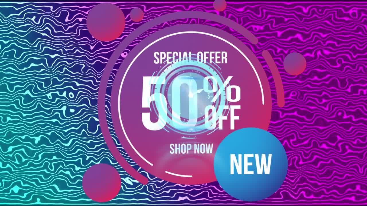 분홍색 배경에 이동하는 텍스트와 시계에서 50 퍼센트의 애니메이션