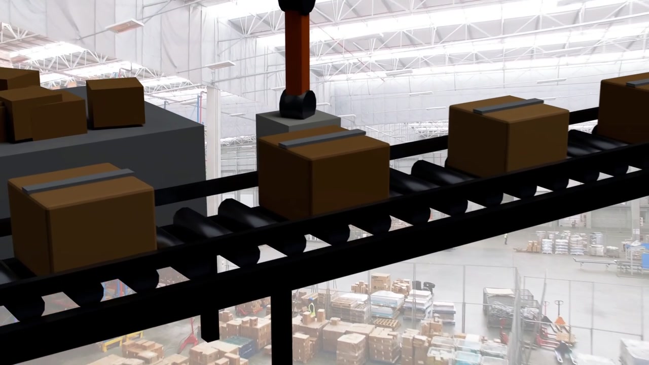Sensor detecting box, conveyor moving, robotic arm lowering, gripping and placing box for shipment