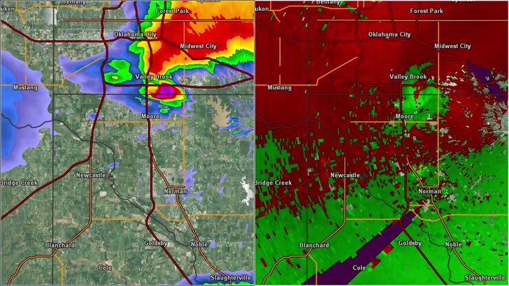Schermo diviso del radar del tornado di Moore OK del 1999