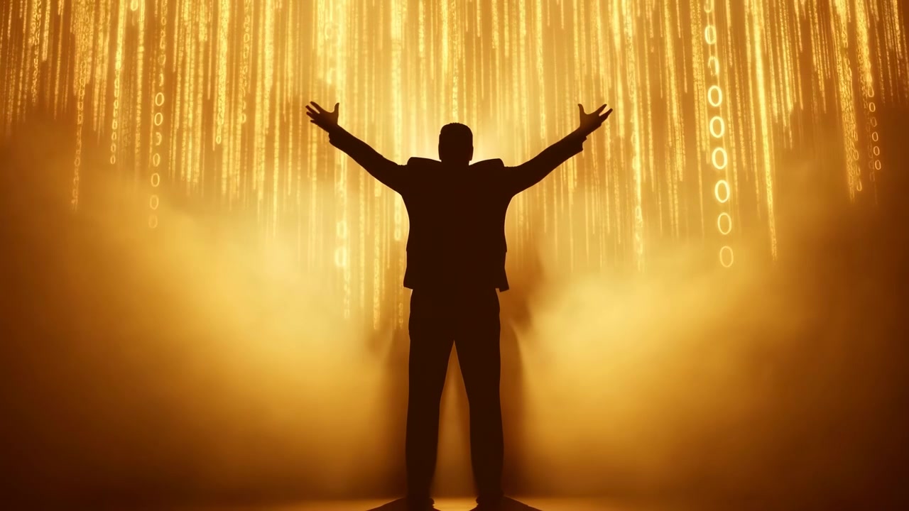 Un uomo solitario sta in piedi con le braccia leggermente distese, retroilluminato da intensi raggi dorati e scie luminose sospese in una calda foschia con un'atmosfera teatrale e drammatica.