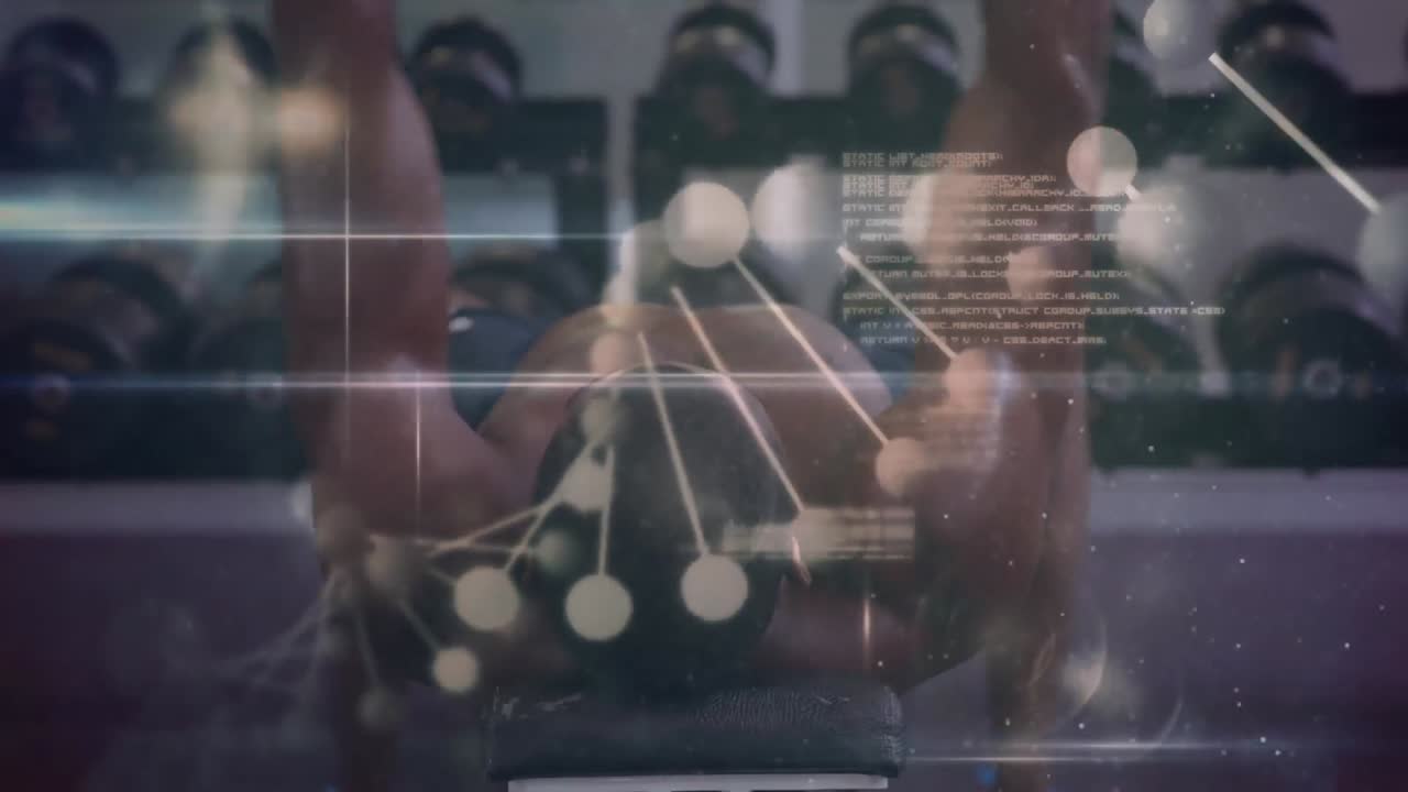 animación de la hilatura de cadenas de adn y procesamiento de datos sobre el ejercicio del hombre fuerte