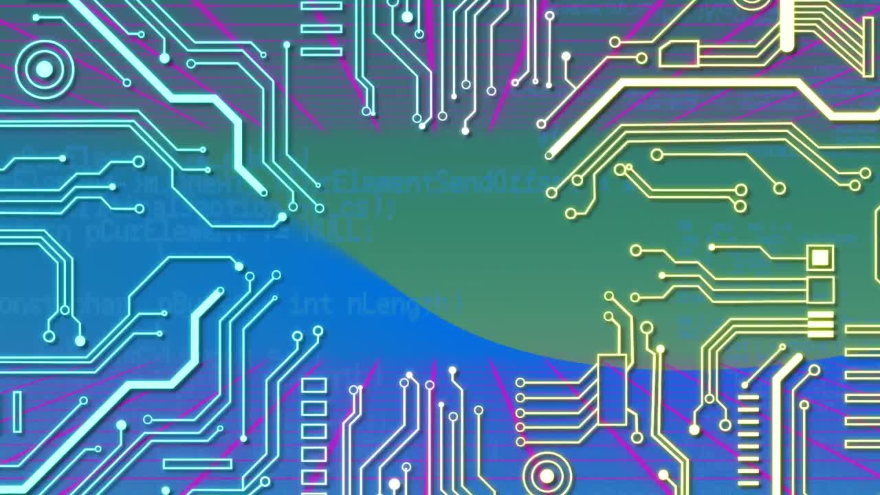 녹색과 파란색 배경에 대한 마이크로프로세서 연결과 데이터 처리의 애니메이션