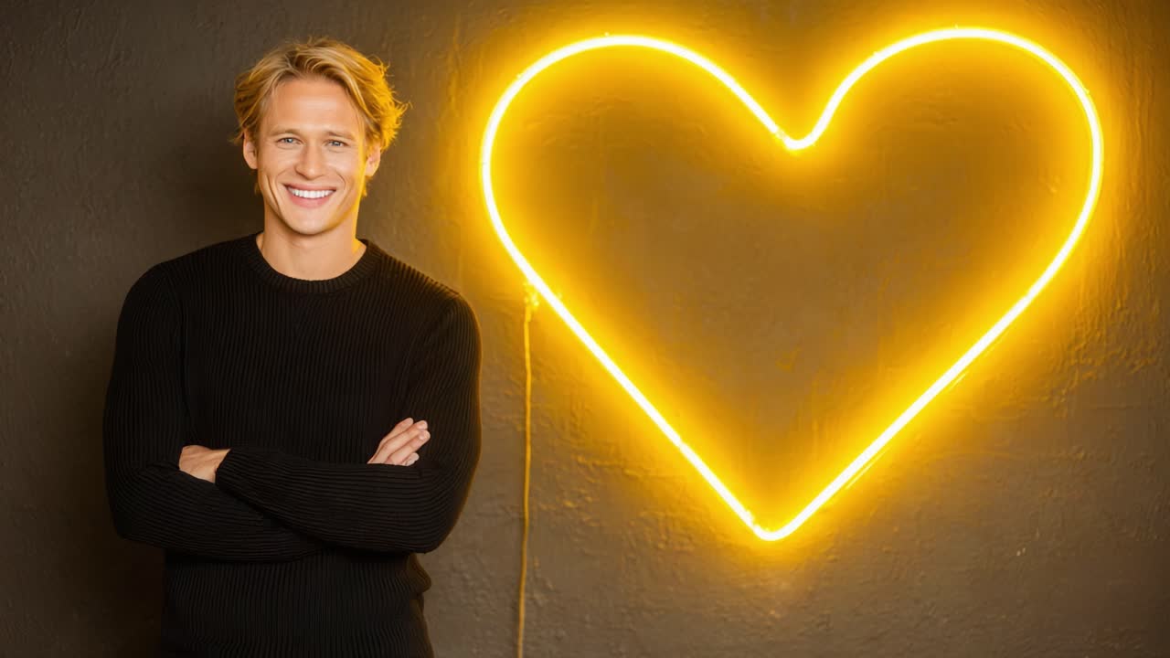 A joyful young man smiles confidently against a vibrant neon heart backdrop, radiating positivity and warmth in this engaging moment captured in two frames