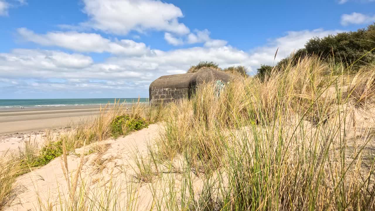 Camera slowly pans right across sandy dunes and tall grasses, revealing a historic concrete bunker near the beach under bright daylight in Dunkirk, France