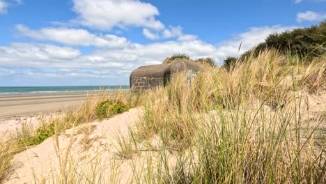 camera slowly pans right across sandy dunes and tall grasses, revealing a historic concrete bunker near the beach under bright daylight in dunkirk, france