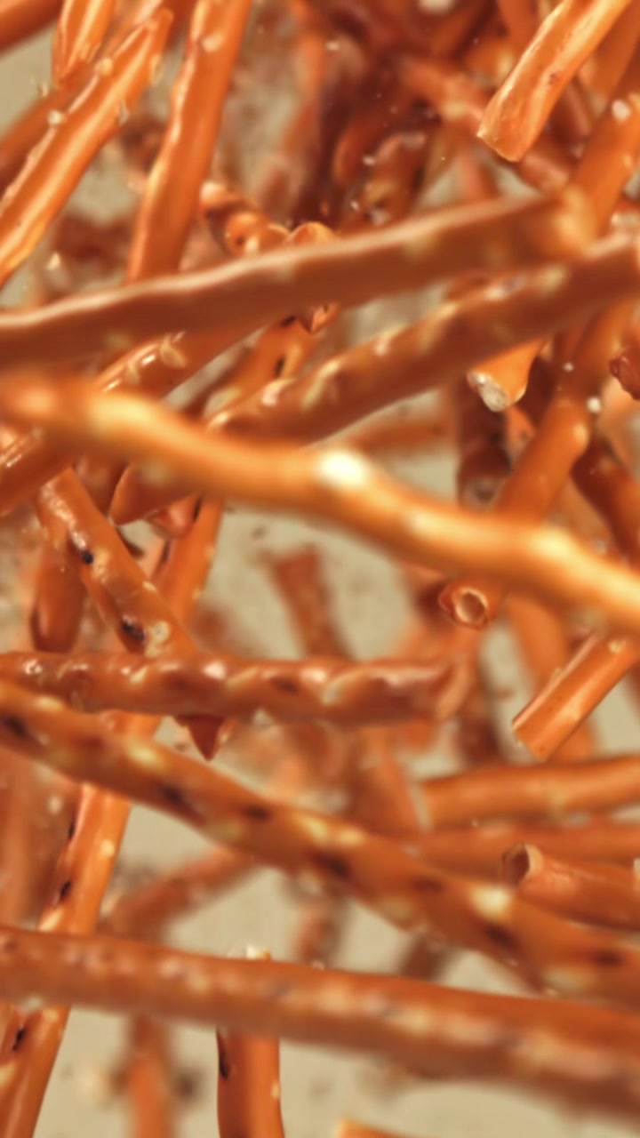 Bastoncini di pretzel che cadono al rallentatore