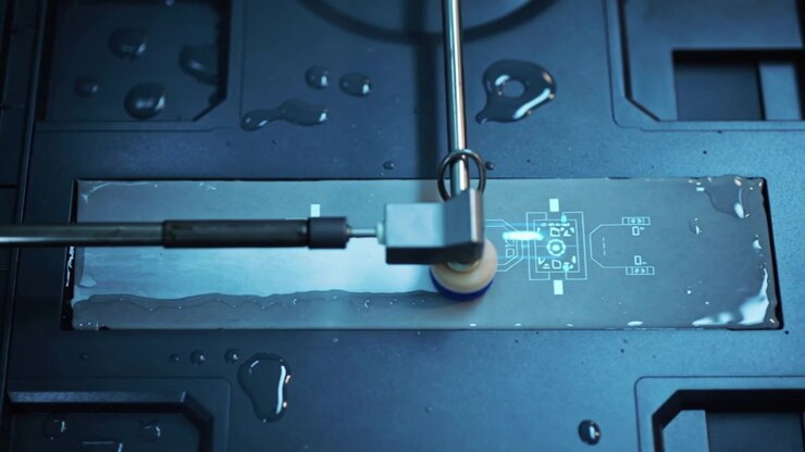 Starting motor moving rotary roller across PCB strip at lab, spreading liquid for uniform coating