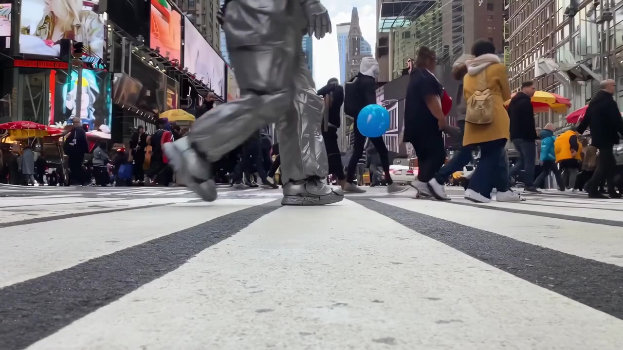Pedestrians Walking Across a Busy Crosswalk in Times Square