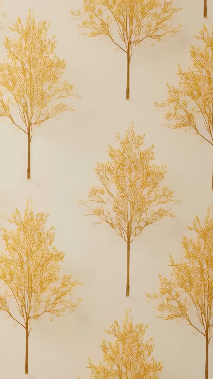 Vertical video: Panning camera shifting up over interior wall, highlighting golden tree wallpaper