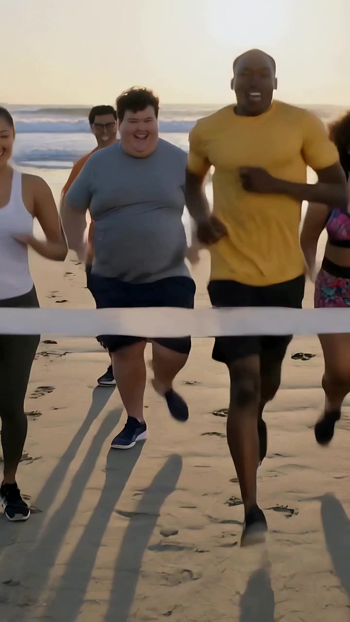 Video verticale: Sette corridori in pantaloncini che gareggiano per il traguardo sulla spiaggia al tramonto, tagliando il nastro.