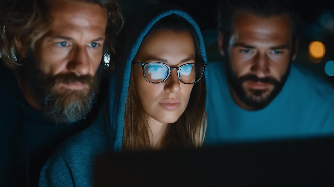 Three Intense Collaborators Analyzing Data on a Laptop in a Low-Light Environment, Deep in Thought and Focused on Their Screens