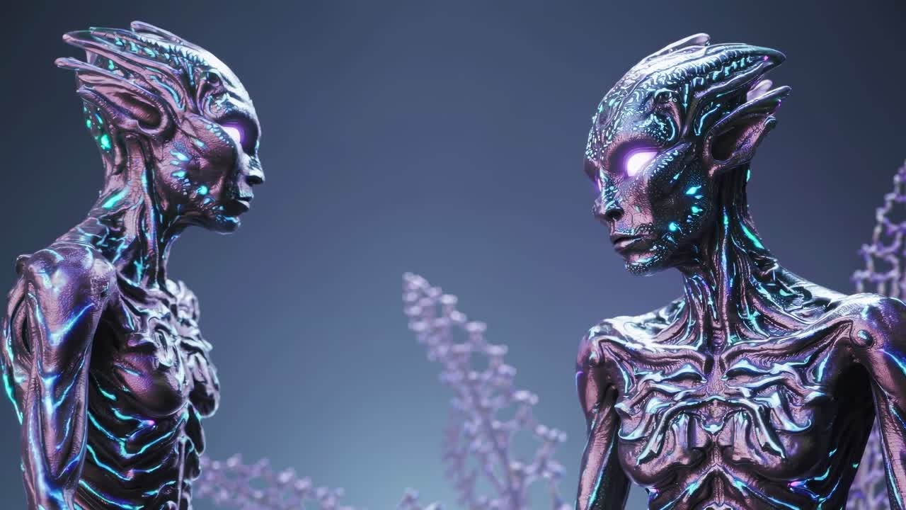 Due figure aliene in un'ambientazione futuristica