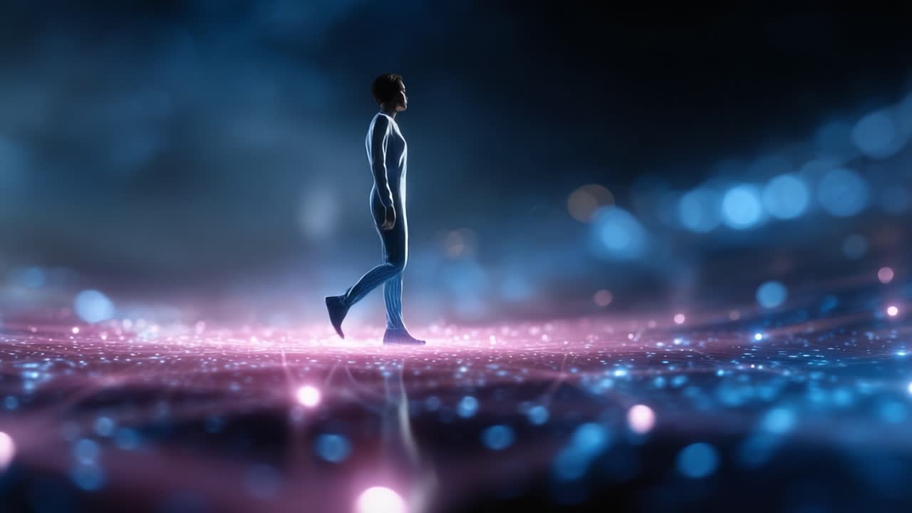Una figura misteriosa cammina attraverso un paesaggio etereo di luci incandescenti e colori vibranti in un mondo digitale onirico