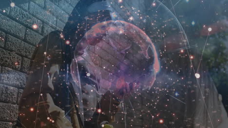 woman using smartphone with earphones in tech scene displaying digital globe with data