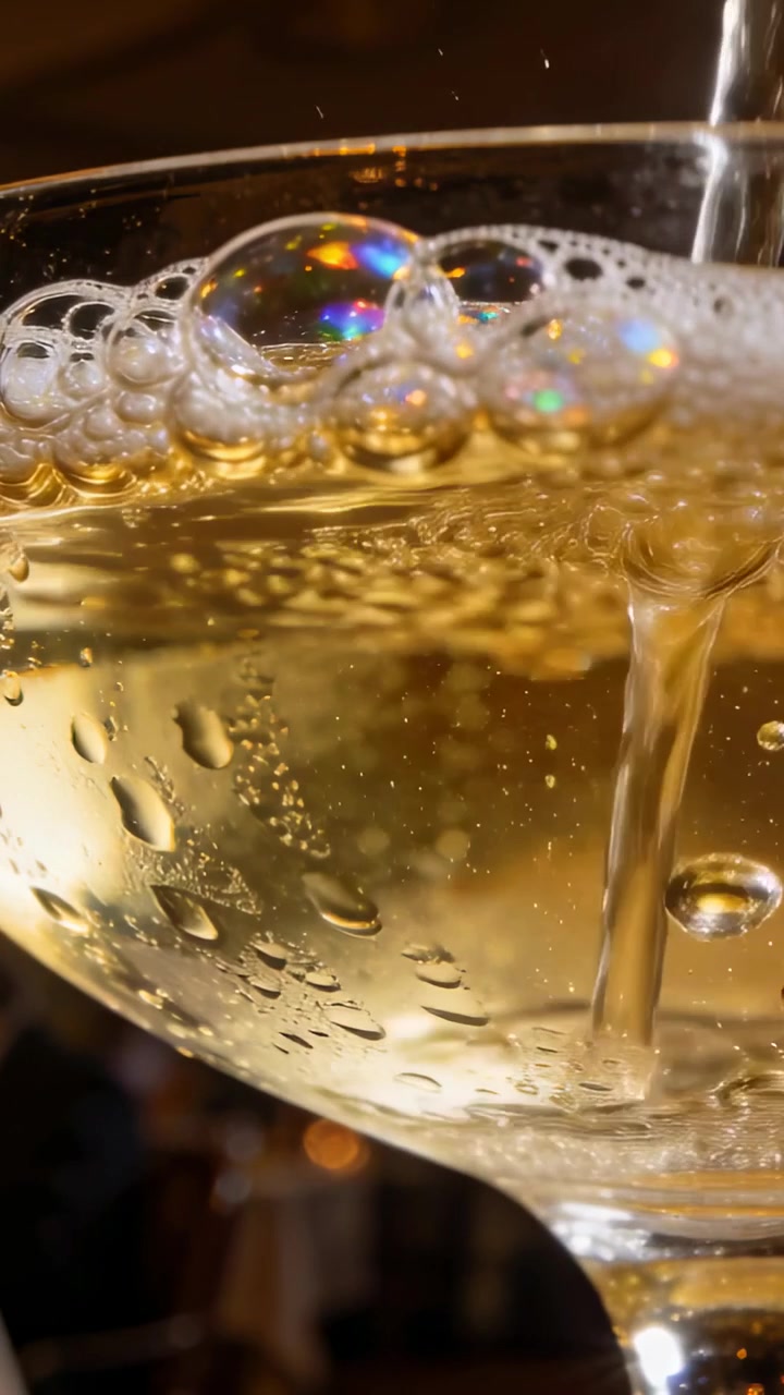 Video verticale: Versamento dopo l'inclinazione della bottiglia, liquido dorato che entra in una coppa al bar formando bollicine
