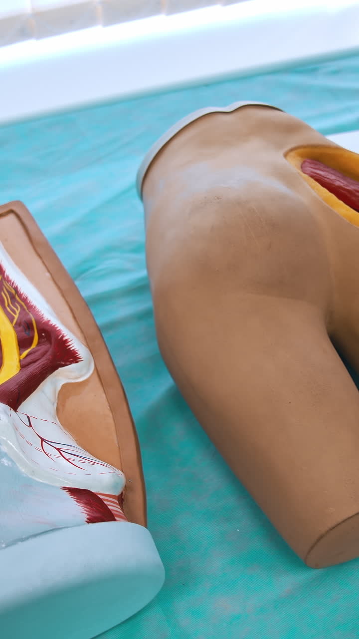 Plastic mannequin parts with internals for studying. Medical dummies for students' practice in the university. Model parts of human body on table. Vertical video