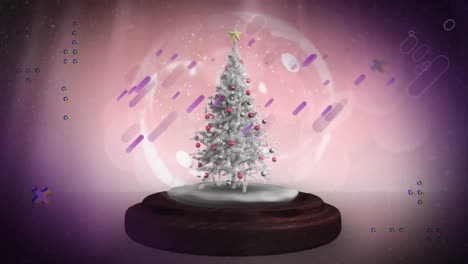 Animación-De-Estelas-De-Luz-Violeta-Y-Estrella-Fugaz-Sobre-Un-árbol-De-Navidad-En-Una-Bola-De-Nieve