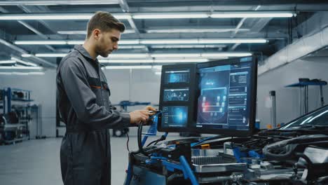 mechanic performing car diagnostics with advanced equipment