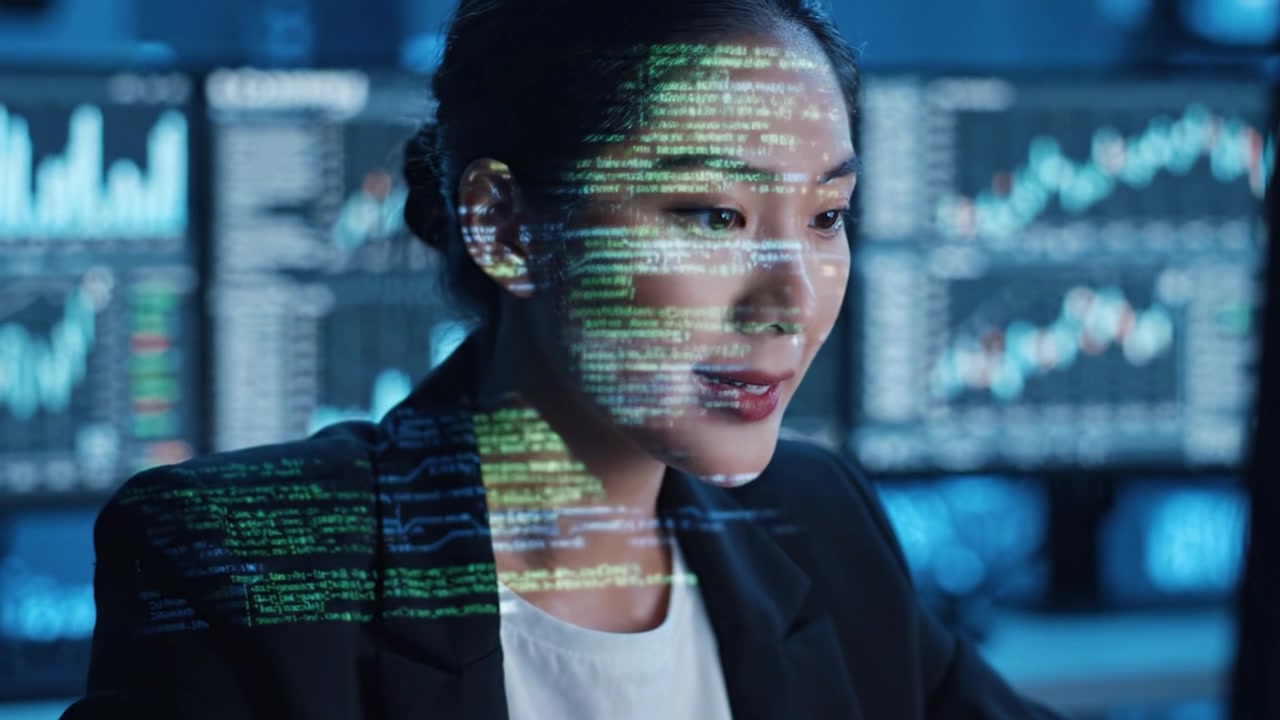 Focused Analyst Analyzing Data Trends with Advanced Technology Displays in a Dimly Lit Office Environment, Highlighting Data-Driven Decision Making and Innovation.