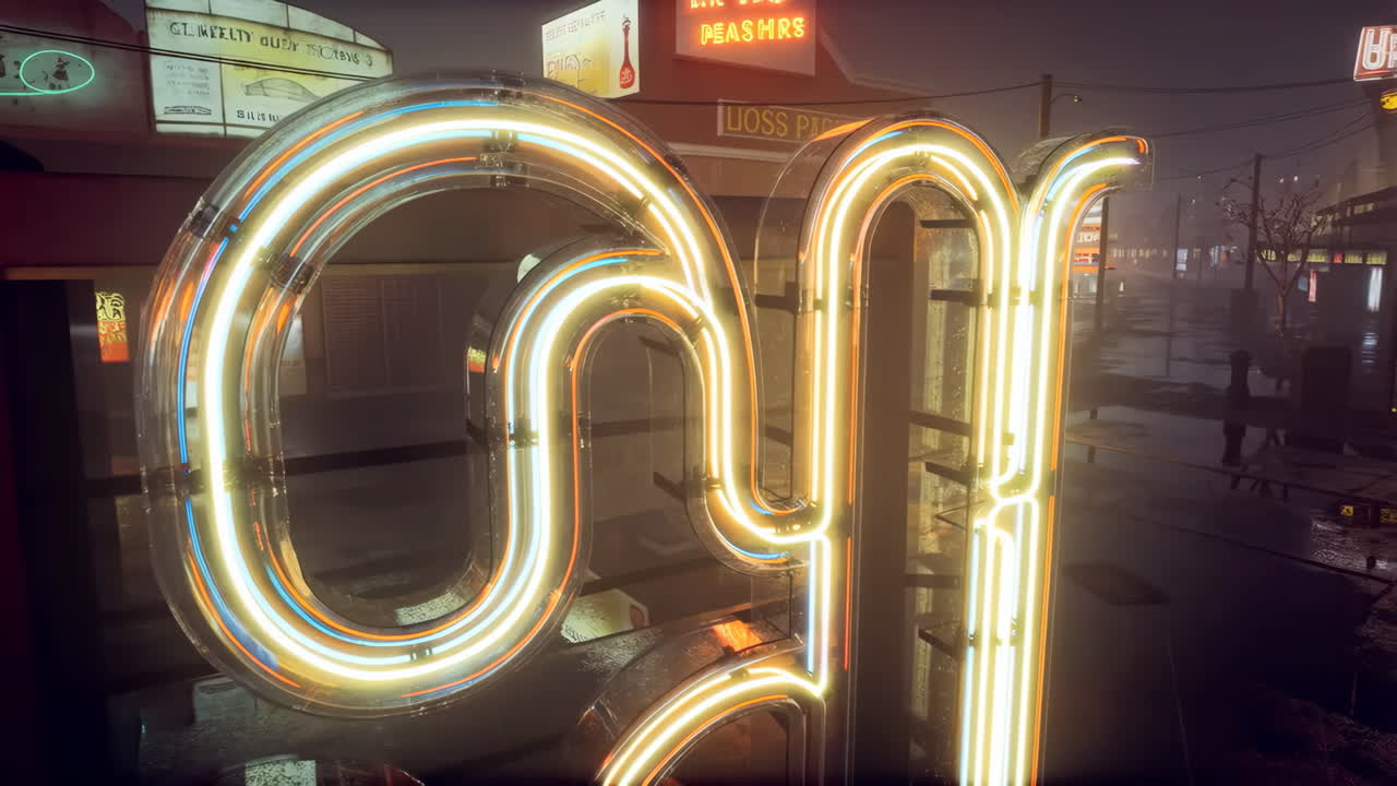 Close-up of a large glowing neon sign in an urban night scene