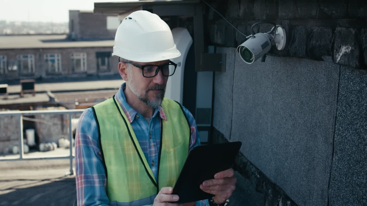 Worker inspecting rooftop security camera