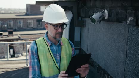 Worker inspecting rooftop security camera