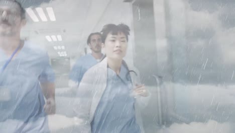 병원에서 달리는 의사들 위의 구름과 하늘의 애니메이션