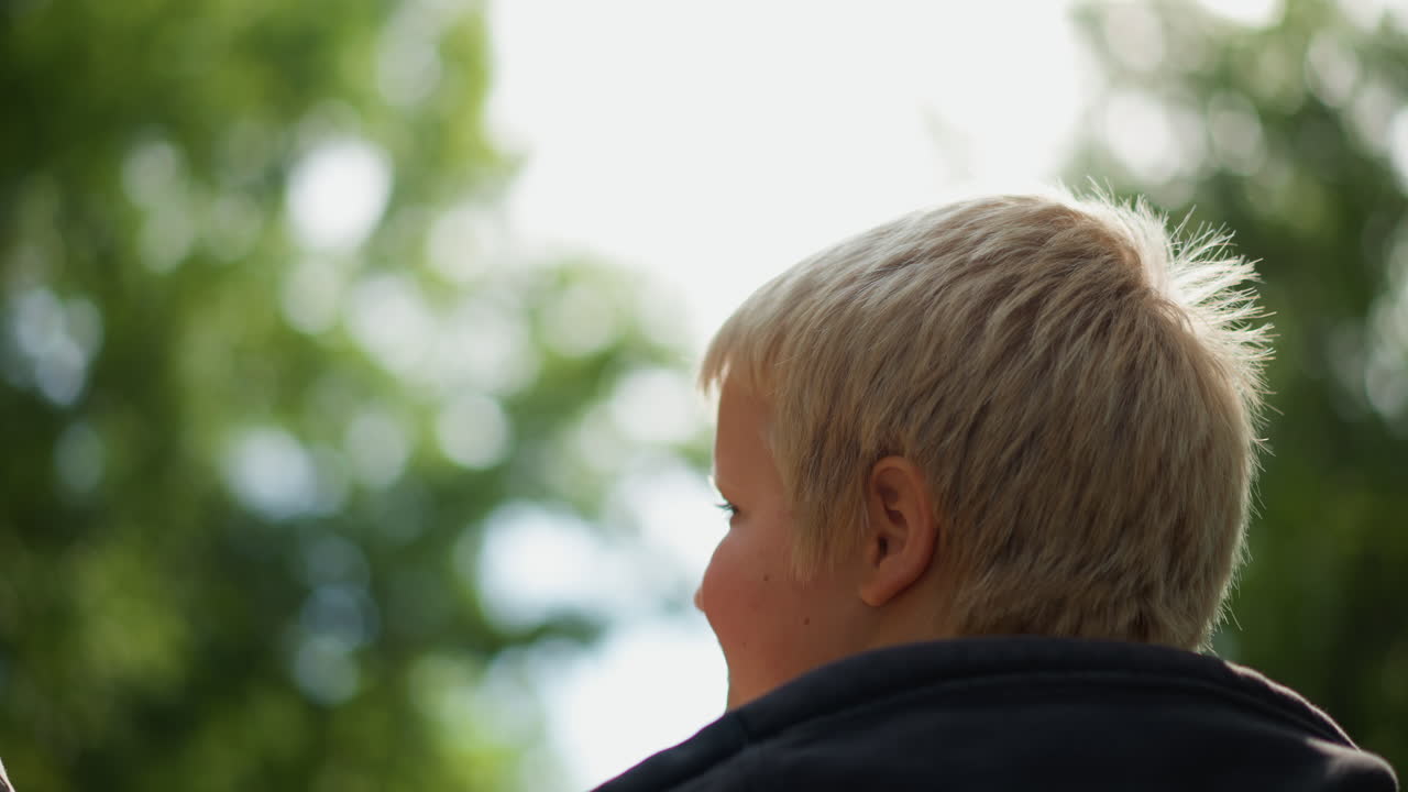 White Boy Sitting With Back To Camera Gazing At Sunlit Trees, Contemplative Nature Moment With Soft Highlights And Summer Foliage, Quiet Childhood Reflection And Peaceful Outdoor Mood Captured