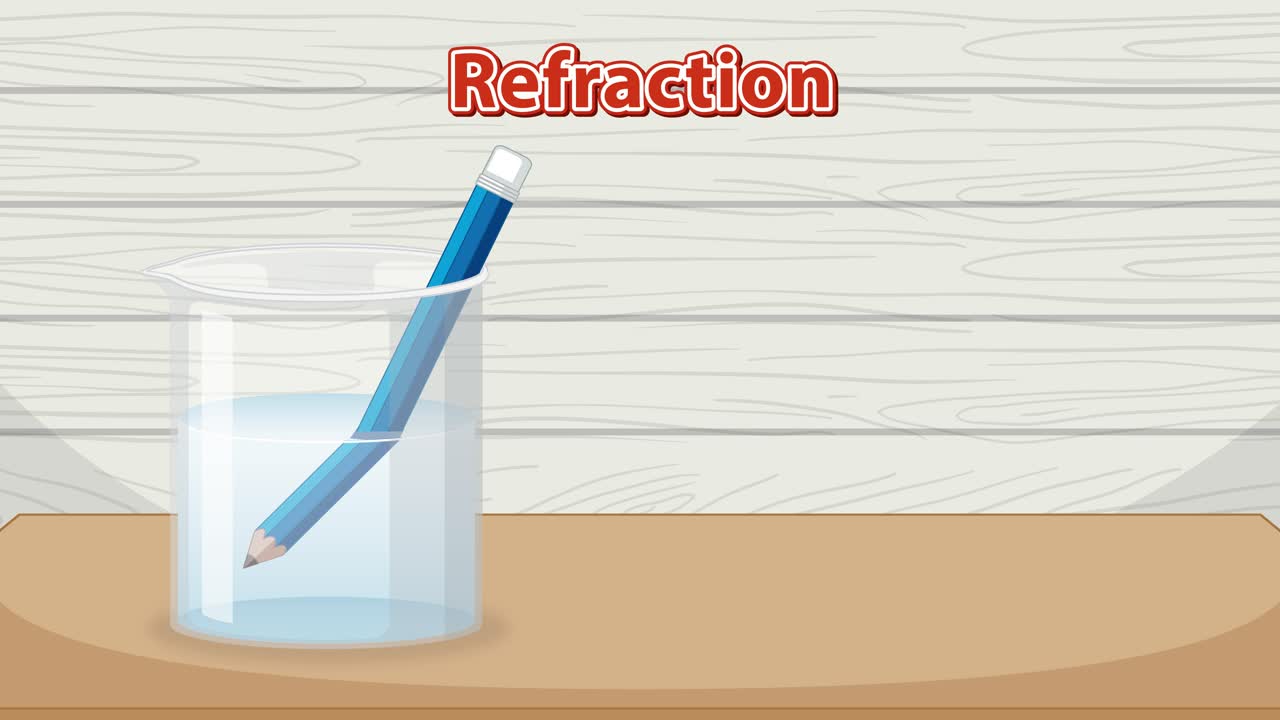 물 속의 연필을 사용하여 빛의 굴절을 보여줍니다.