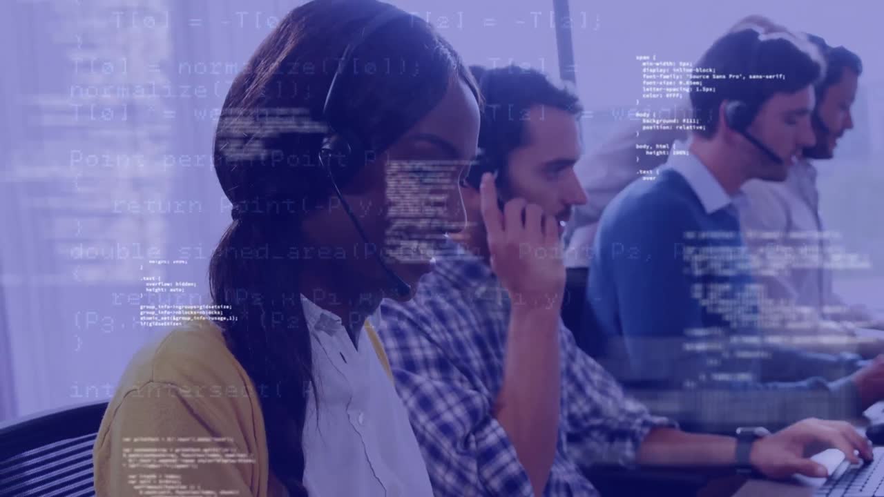 Animation of data processing over diverse business people wearing phone headsets