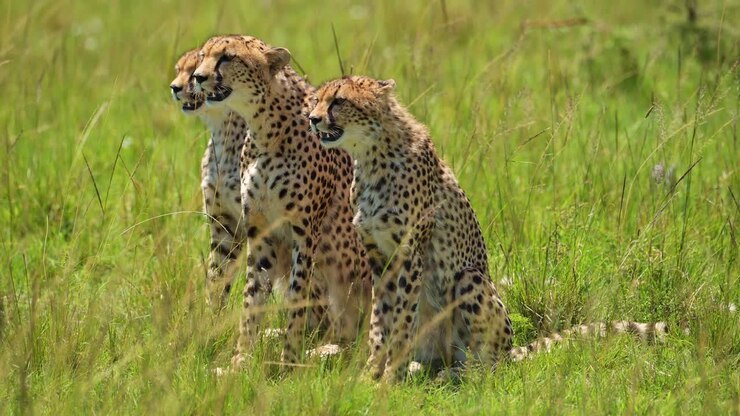 3 three Cheetahs turning heads and searching for prey, hunting as a pack, teamwork, African Wildlife in Maasai Mara National Reserve, Kenya, Africa Safari Animals