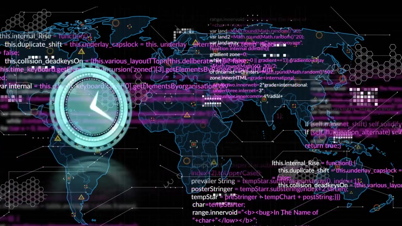 Animazione di orologio digitale illuminato, linguaggio di programmazione, mappa su sfondo nero.
