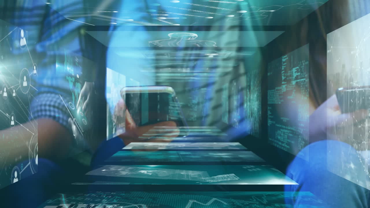 Holding smartphone with animation of digital data and futuristic graphics in background