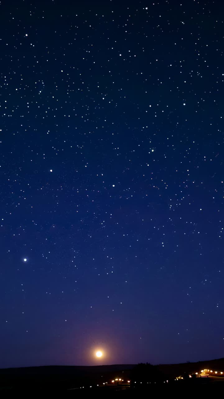 Vertical video: Rising moon causing cam filming sky for timelapse over hills, stars and town lights