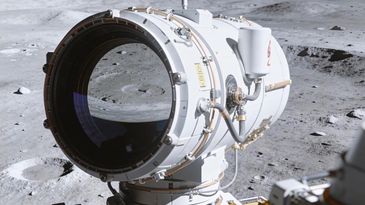 Signal arriving, white lens rotating on swivel over lunar plain, scanning craters, copy space